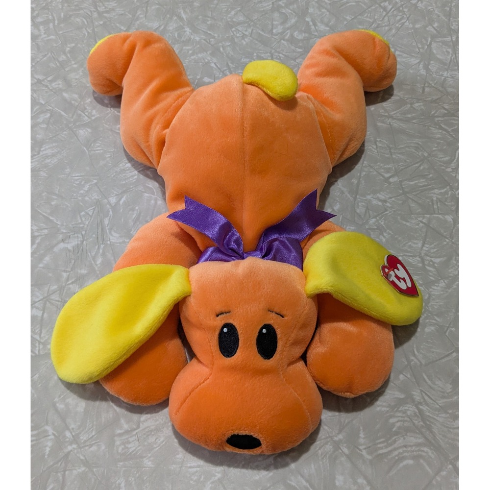 Ty Pillow Pals Woof Dog Orange Puppy Plush Purple Bow Yellow Ears 1999 Vintage